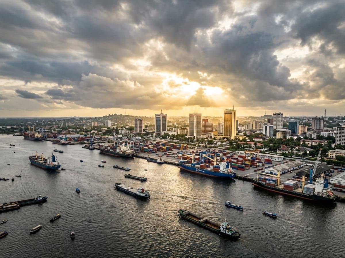 Port of Douala waterfront and coastal skyline in Cameroon