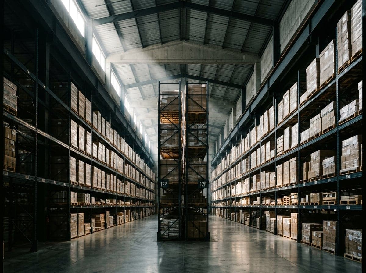 Industrial warehouse interior with high racking and palletized stock
