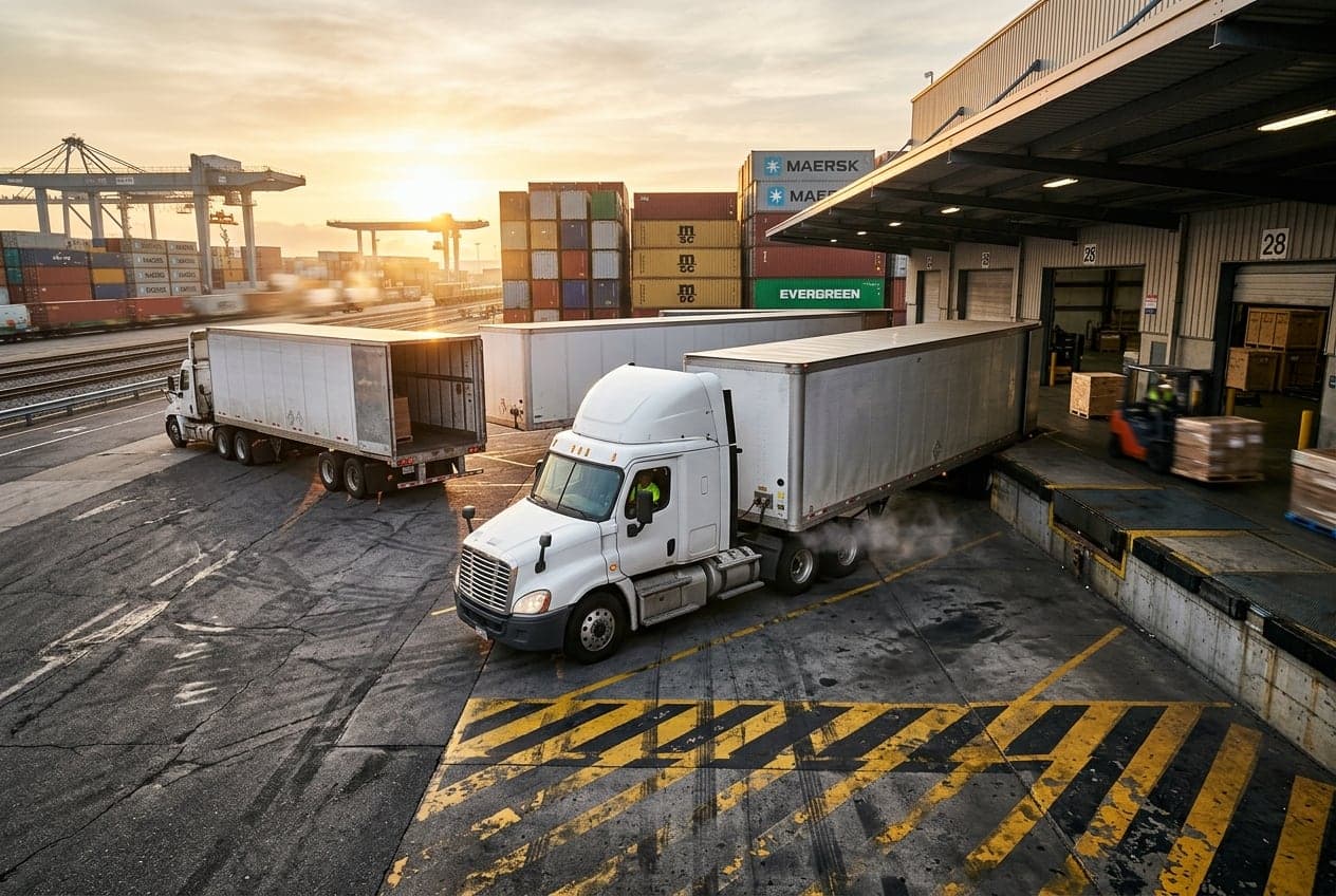 Freight cargo transport trucks at an active distribution depot loading dock