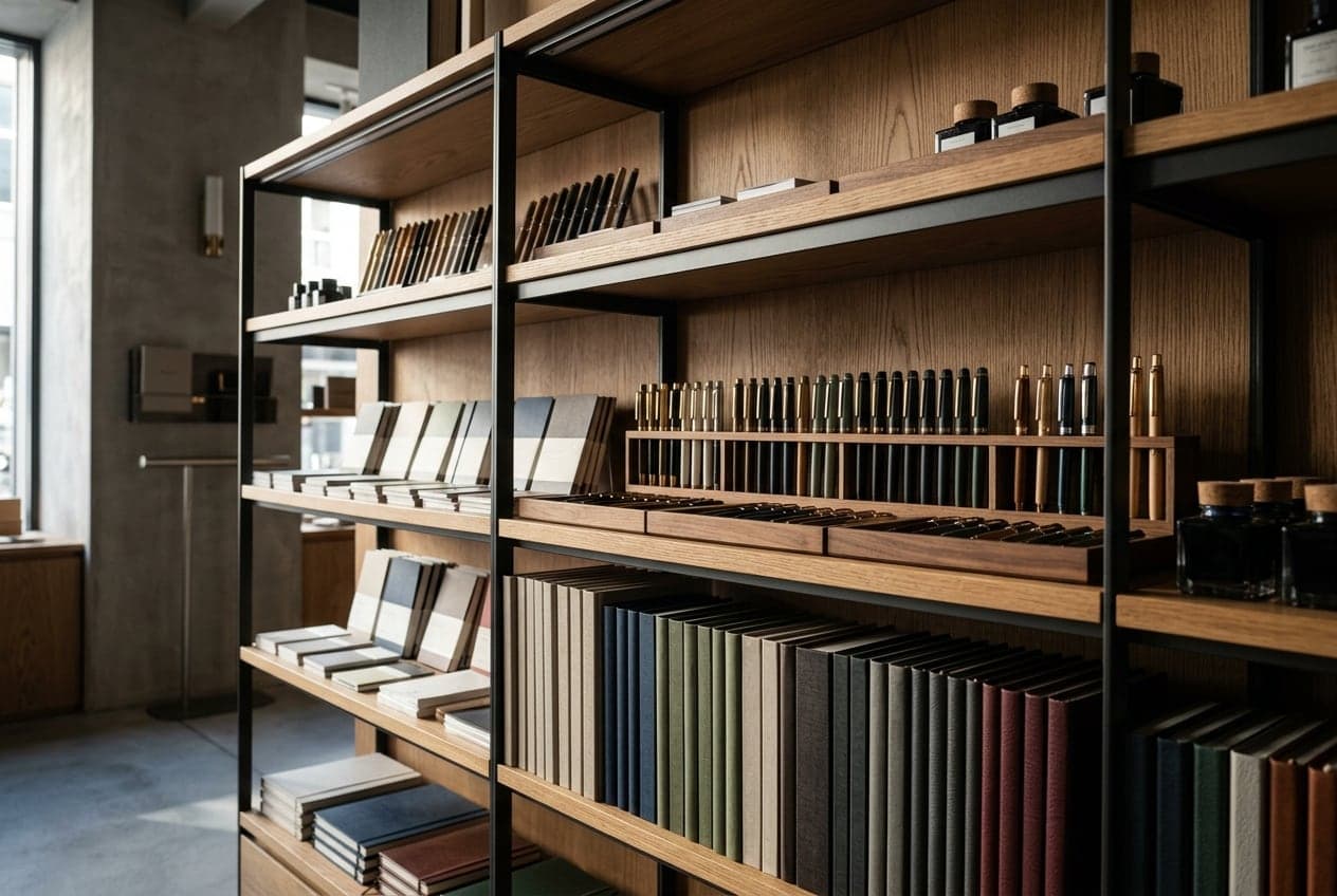 Stationery and writing instruments displayed on modern retail shelving